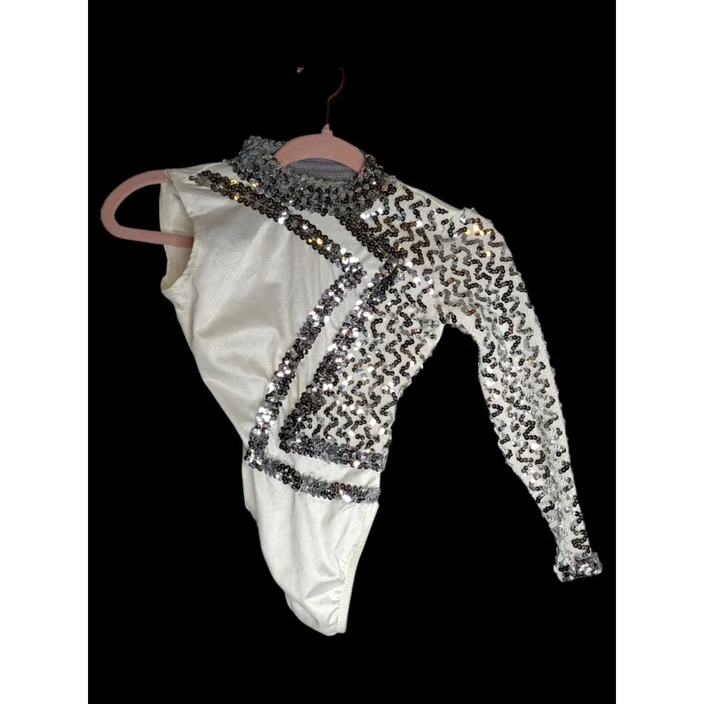 Sequined White Leotard Child Medium Large OOC Asymmetrical One Sleeve Dancewear